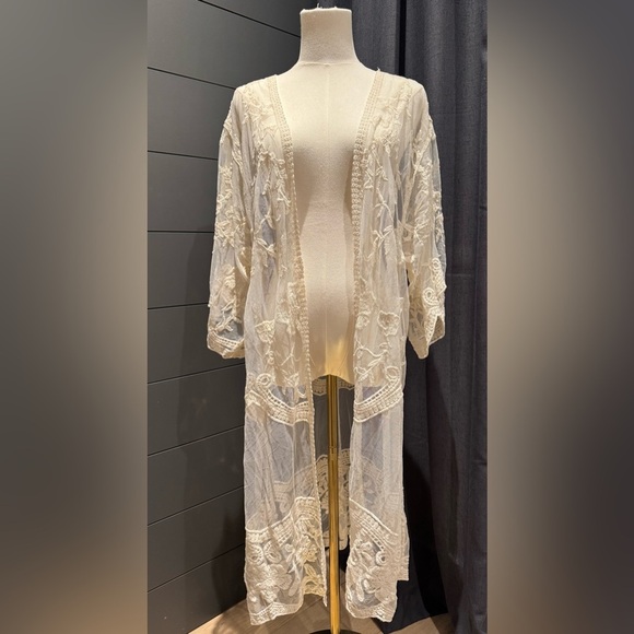 Adiva Tops - Adiva Lace Long Sheer White Cream Cardigan Boho Feminine Festival Country Fairy